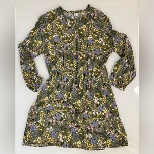 Old Navy Olive Green Floral Print Girls Dress with Yellow, Purple & Pink Flowers